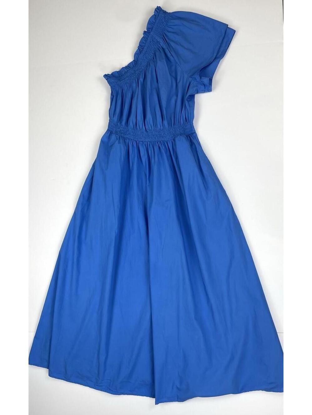 J.Crew Blue Cotton Poplin Smocked One Shoulder Midi Dress Summer Coastal XS